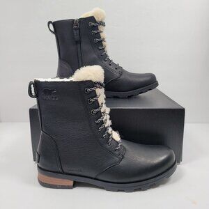 Sorel Emelie Womens Genuine Shearling Short Lace Cozy Black Boot US Size 7.5 NWB
